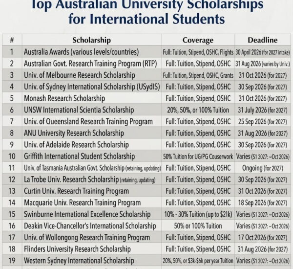 Top 20 Australian University Scholarships for International Students With Deadlines