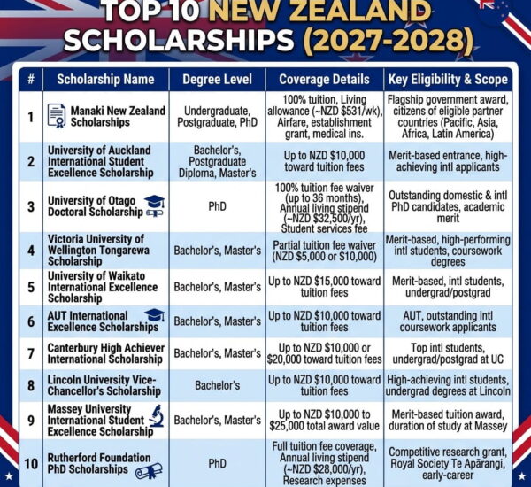 Top 10 New Zealand Scholarships for International Students 2027-2028 — Complete Guide
