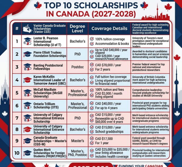 Top 10 Scholarships in Canada 2027-2028 — Complete Guide for International Students