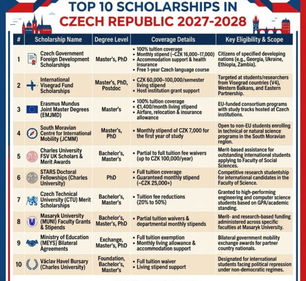 Top 10 Scholarships in Czech Republic 2027-2028 — Complete Guide for International Students