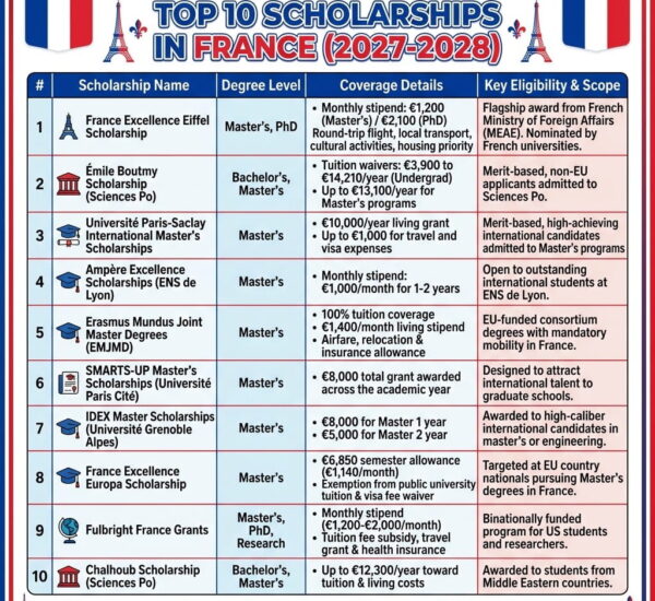 Top 10 Scholarships in France 2027-2028 — Complete Guide for International Students