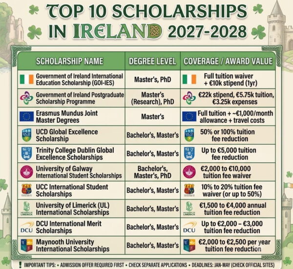 Top 10 Scholarships in Ireland for International Students 2027-2028 — Complete Guide