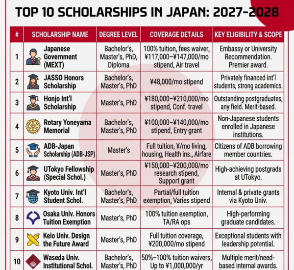 Top 10 Scholarships in Japan for International Students 2027-2028 — Complete Guide