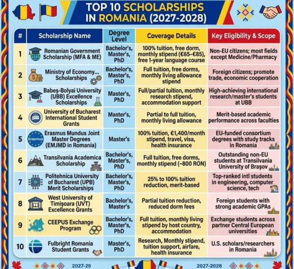 Top 10 Scholarships in Romania for International Students 2027-2028 — Complete Guide