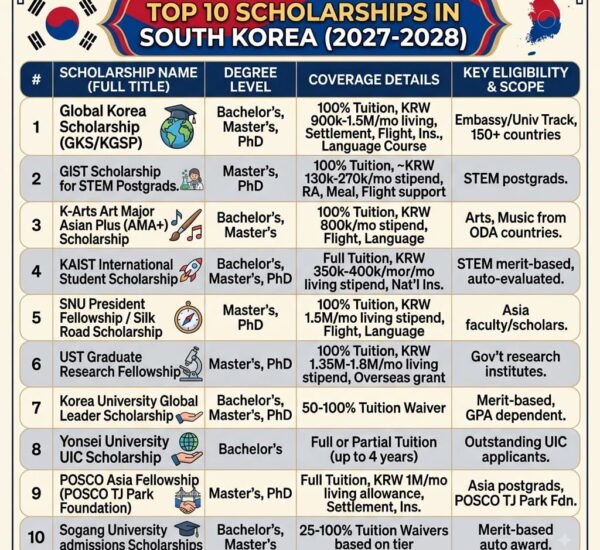 Top 10 Scholarships in South Korea 2027-2028 — Complete Guide for International Students