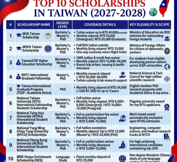 Top 10 Scholarships in Taiwan for International Students 2027-2028 — Complete Guide