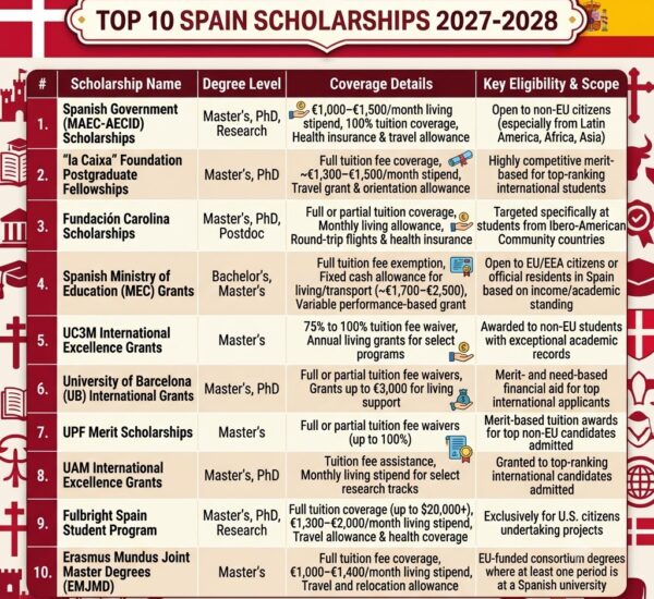 Top 10 Spain Scholarships 2027-2028 for International Students