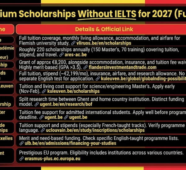 10 Best Belgium Scholarships Without IELTS for 2027 (Fully Funded)