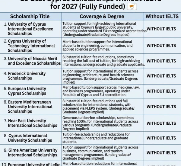 10 Best Cyprus Scholarships Without IELTS for 2027 (Fully Funded)