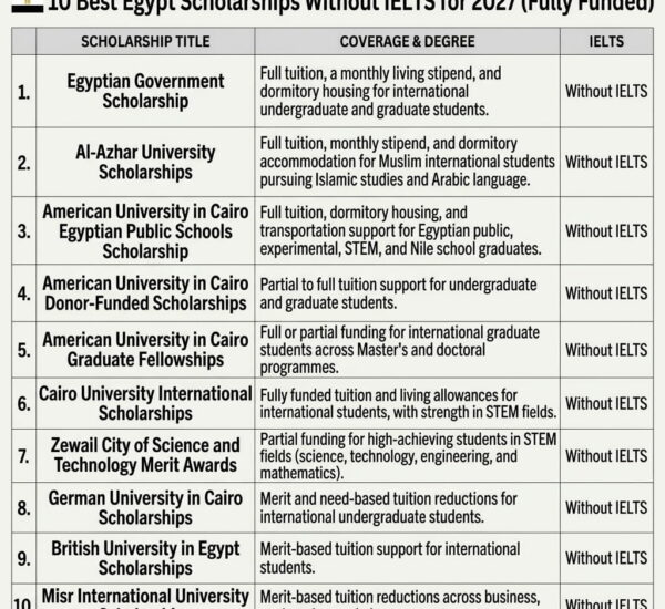 10 Best Egypt Scholarships Without IELTS for 2027 (Fully Funded)