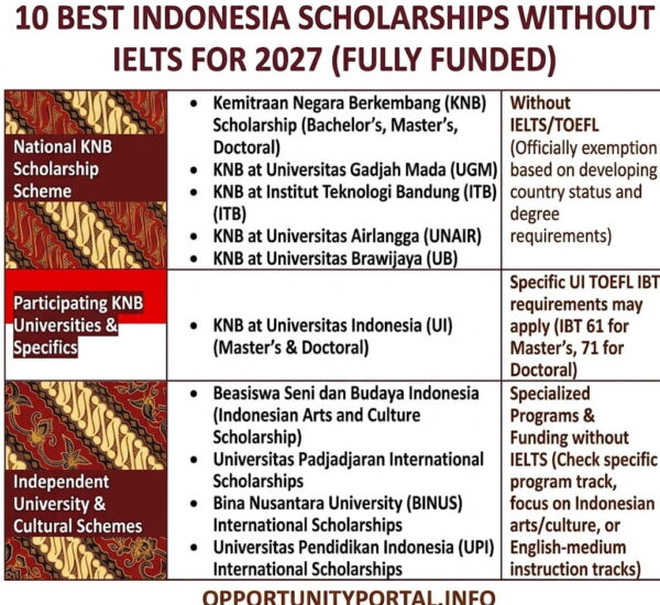 10 Best Indonesia Scholarships Without IELTS for 2027 (Fully Funded)