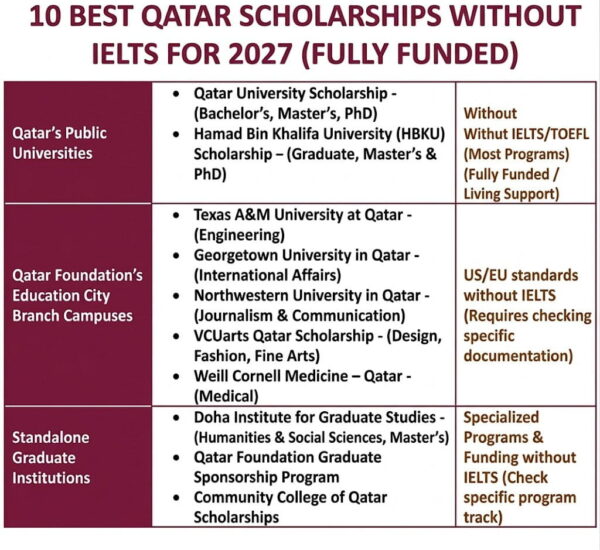 10 Best Qatar Scholarships Without IELTS for 2027 (Fully Funded)