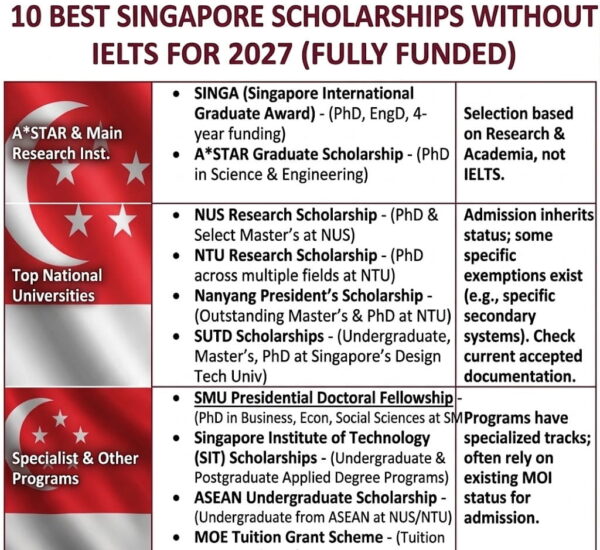 10 Best Singapore Scholarships Without IELTS for 2027 (Fully Funded)