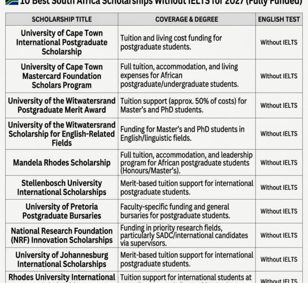 10 Best South Africa Scholarships Without IELTS for 2027 (Fully Funded)