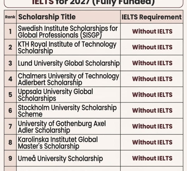 10 Best Sweden Scholarships Without IELTS for 2027 (Fully Funded)