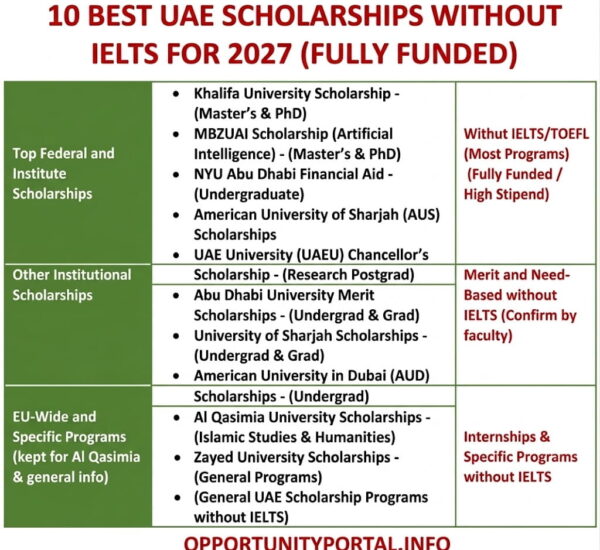 10 Best UAE Scholarships Without IELTS for 2027 (Fully Funded)